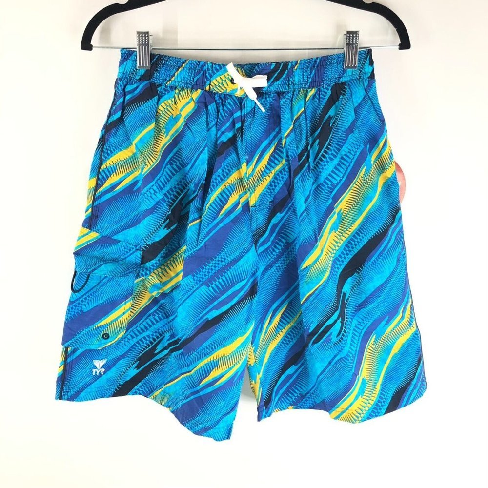 TYR Mens Easy River Rider Swim Trunks Lined Cargo Pocket Blue Yellow M